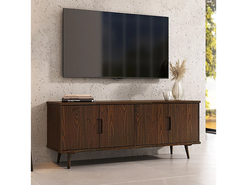 Meuble TV TIVOLI L 153 cm 4 Portes, en Bois Massif Couleur Noyer, Meuble Télé avec Rangement, Style Vintage