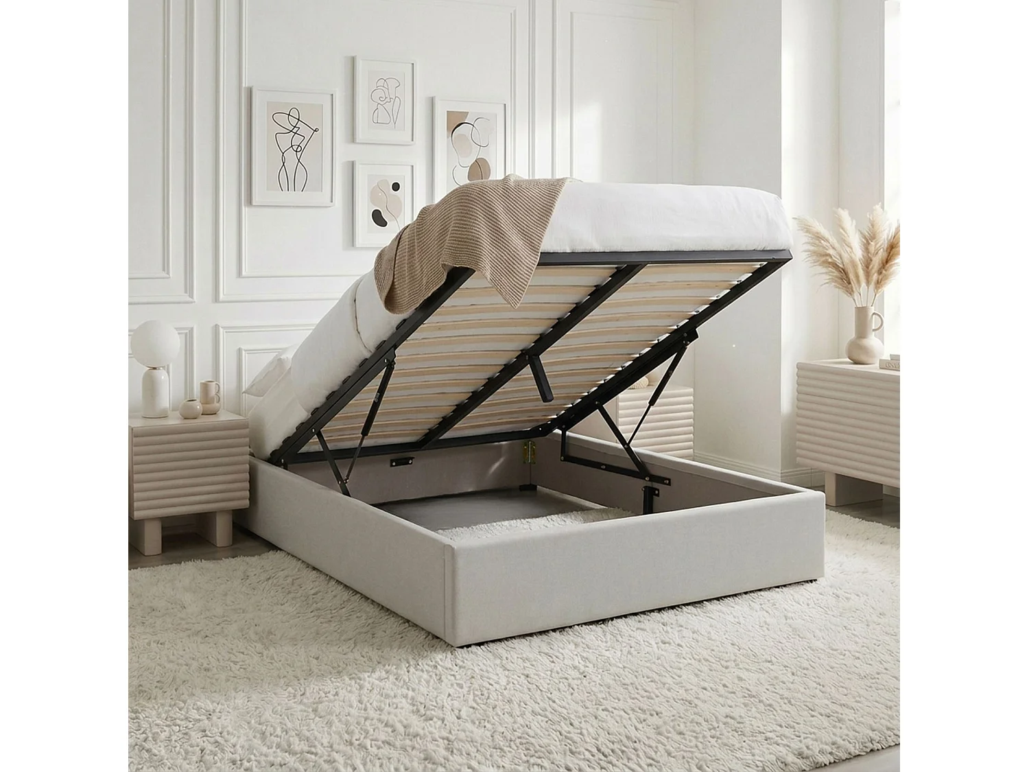 Lit Coffre BLISS 160x200 Rembourré en Tissu Gris, Lit Double QUeen Size avec Sommier Coffre pour un Rangement Optimal