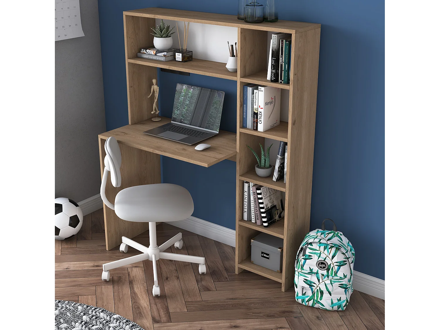 Modern Skrivbord i Ekträ "Haham" med Bokhylla - 113 x 40 x 142 cm