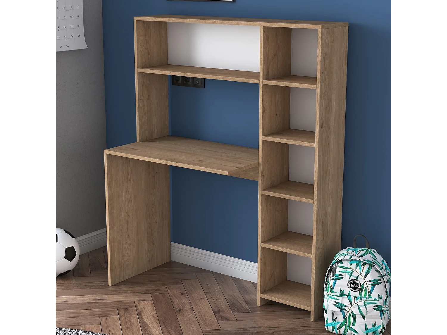 Modern Skrivbord i Ekträ "Haham" med Bokhylla - 113 x 40 x 142 cm