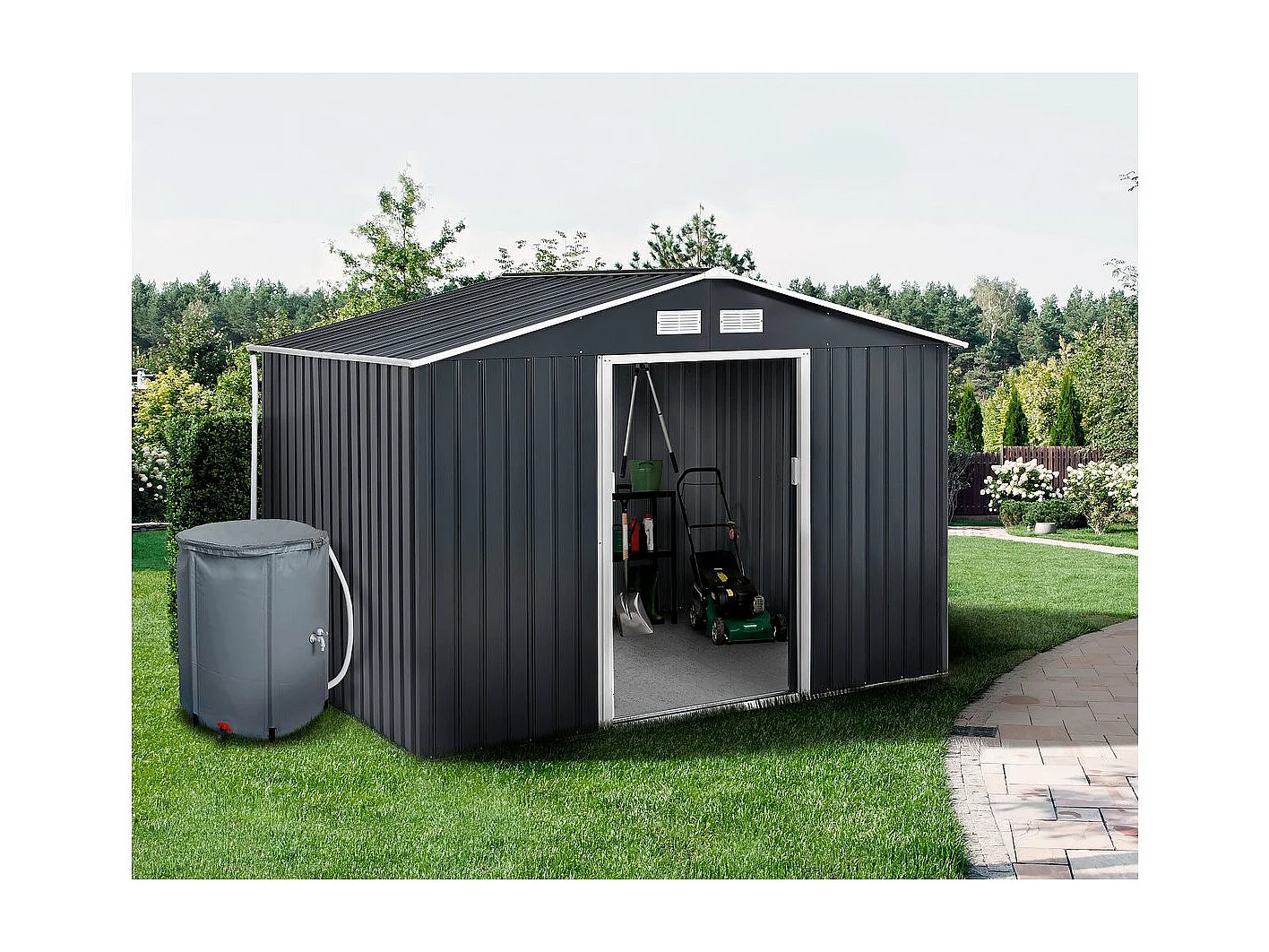 Abri de jardin métal -"Vegas" - 7.06 m² avec gouttière et récupérateur d'eau - Gris