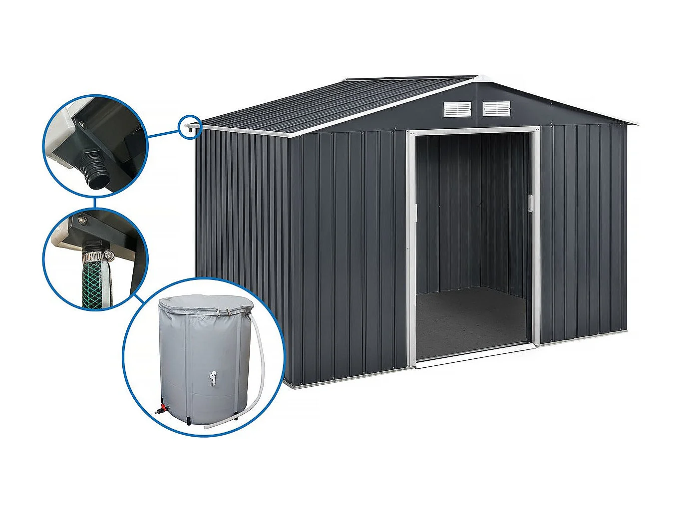 Abri de jardin métal -"Vegas" - 7.06 m² avec gouttière et récupérateur d'eau - Gris