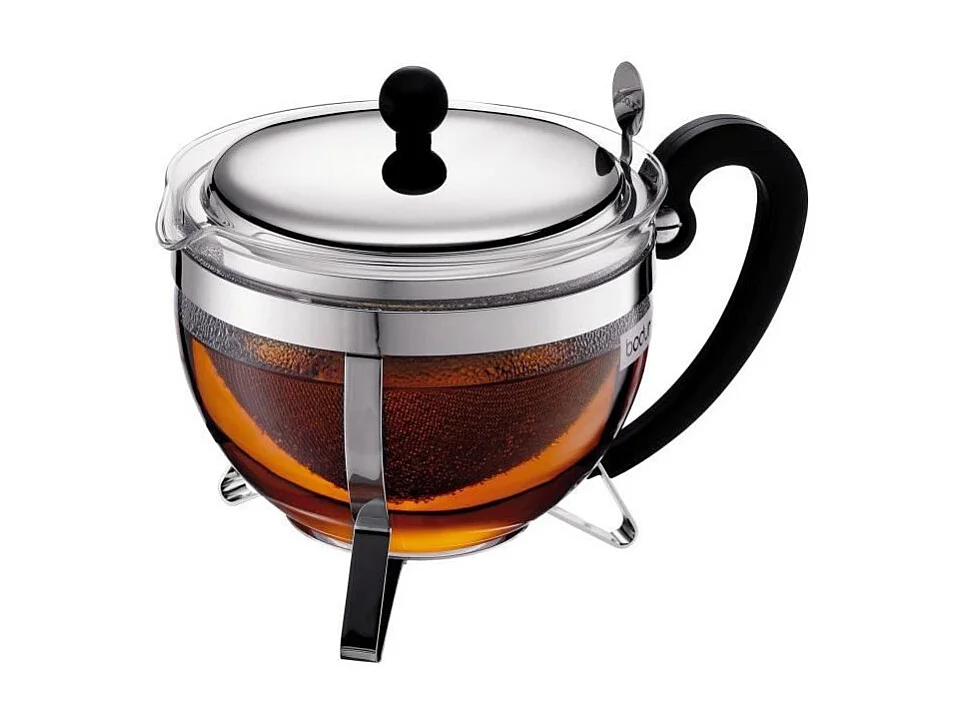 BODUM CHAMBORD Czajnik do herbaty 1,3L z Sitkiem ze Stali Nierdzewnej i Szklanym Uchwyt, Szary Przezroczysty Design