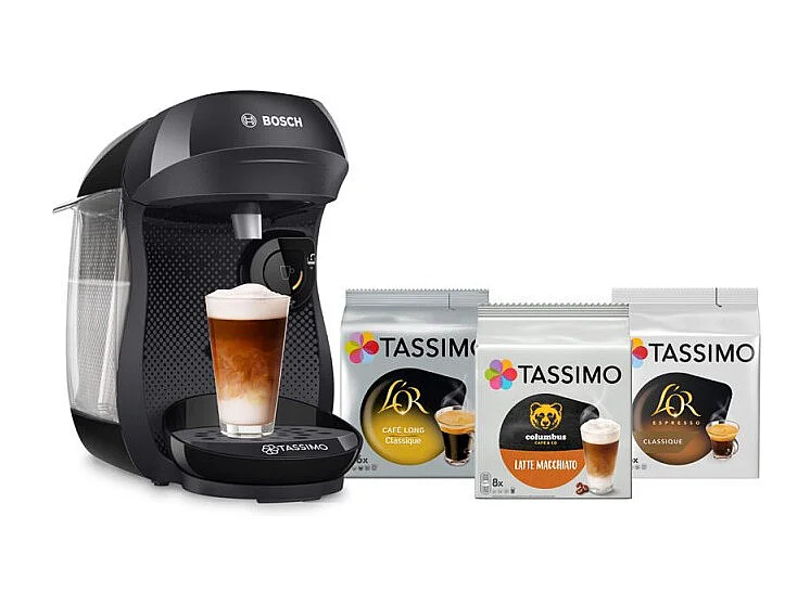 Tassimo Bosch Happy compacte zwarte koffiezetapparaat, 100% automatisch, eco-ontworpen met meer dan 40 dranken, 0,7L reservoir, één knop