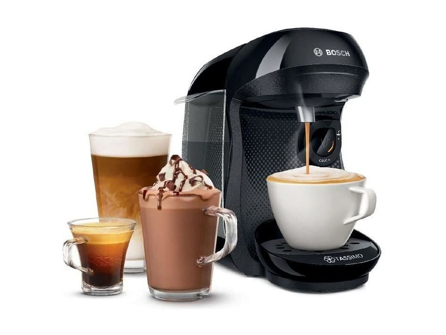 Tassimo Bosch Happy compacte zwarte koffiezetapparaat, 100% automatisch, eco-ontworpen met meer dan 40 dranken, 0,7L reservoir, één knop