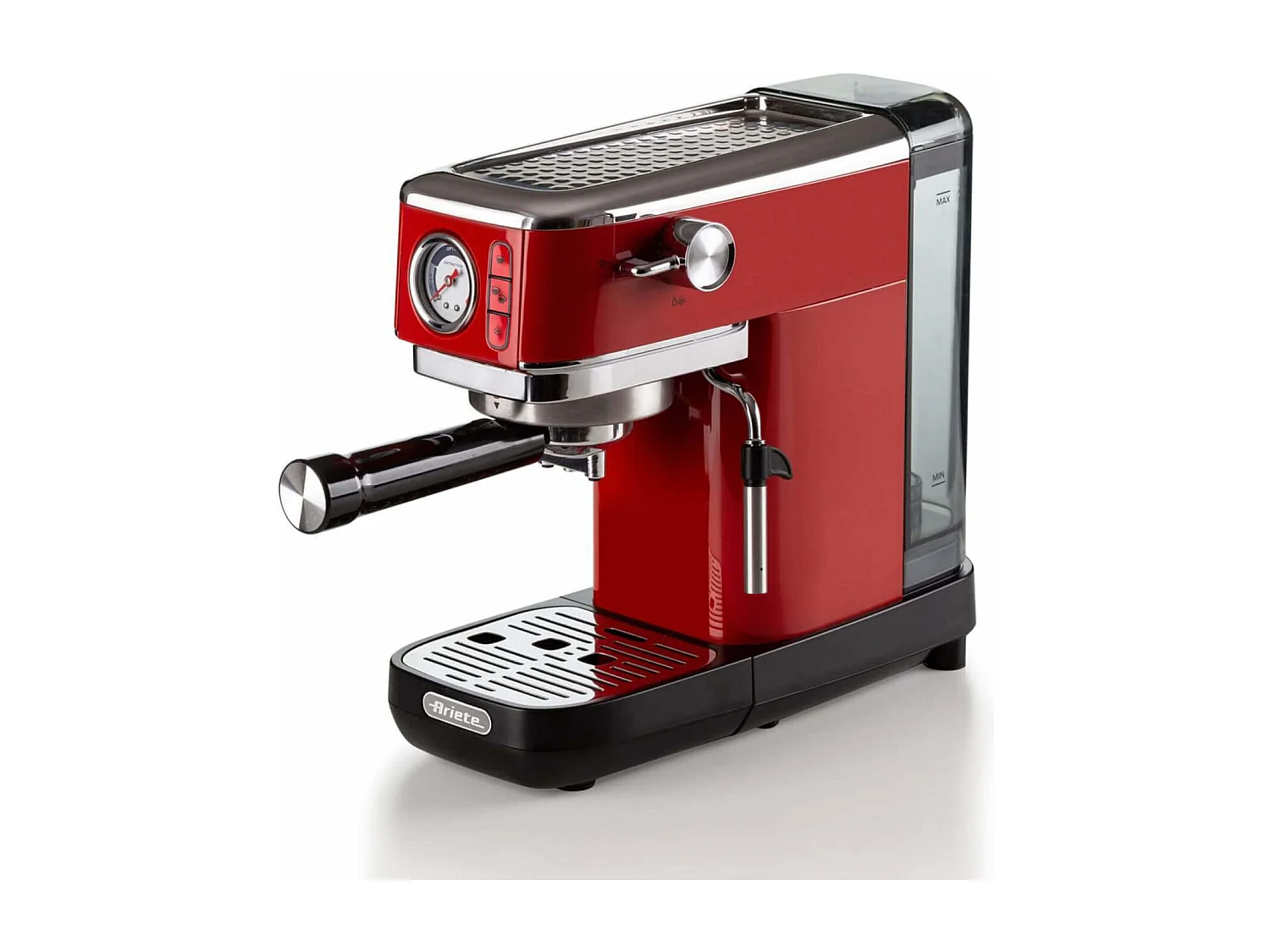 Ariete 1381 espressomachine van metaal met rode manometer, 15 bar, Maxi-Cappuccino en heetwaterdispenser
