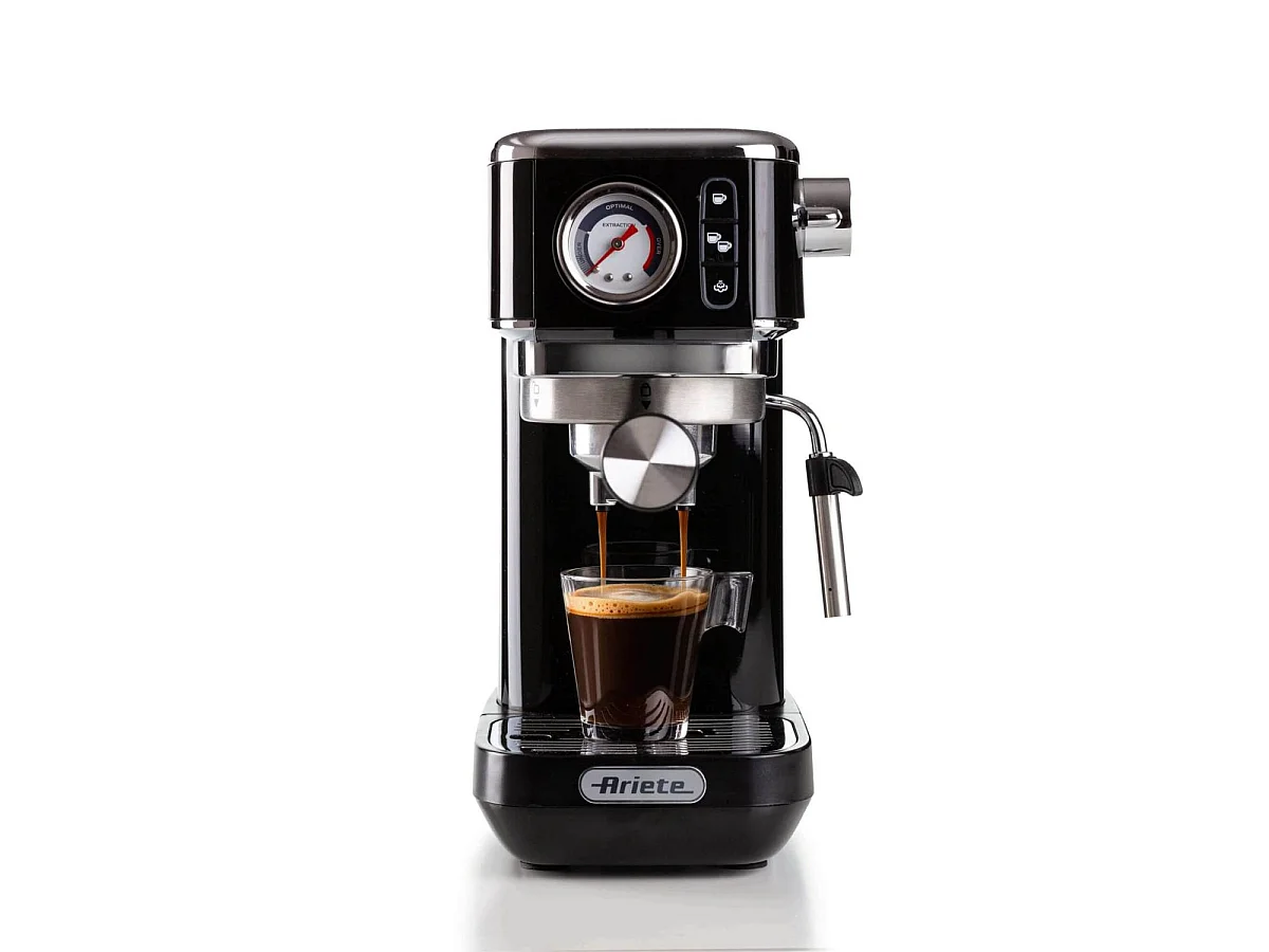 Espressomaschine Ariete 1381 schwarz 1300W, 15 Bar, Manometer, kompatibel mit gemahlenem Kaffee & Pads, Cappuccino, 1,1L