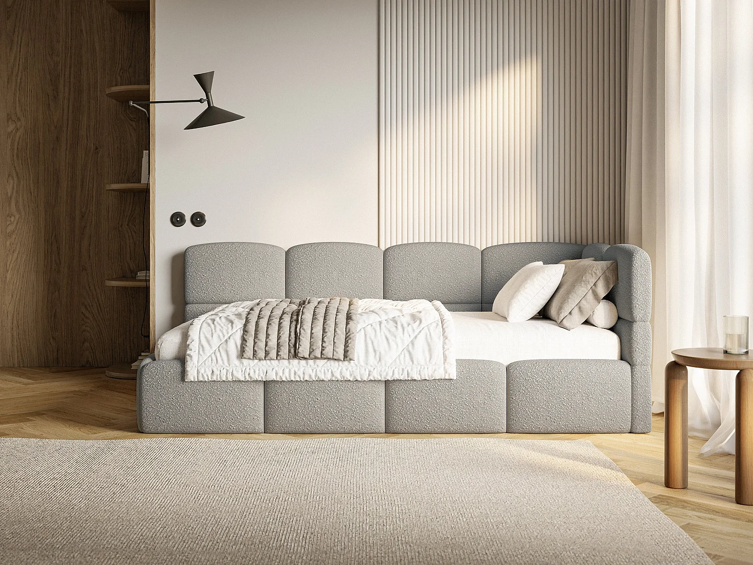 Lit simple 120x200 cm – tête de lit à droite– matelas & coffre de rangement – en bouclé gris – CLOUDY