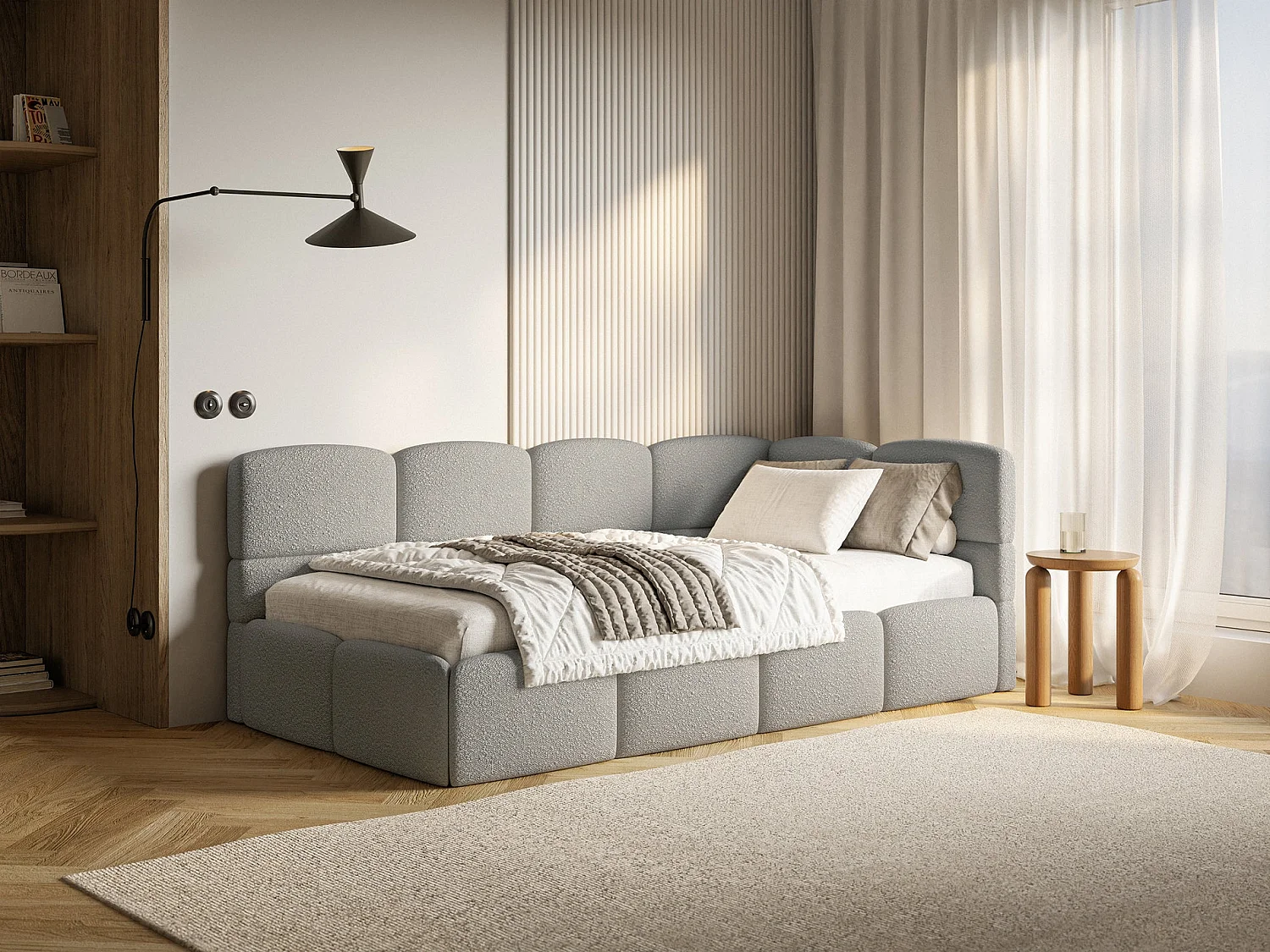 Lit simple 120x200 cm – tête de lit à droite– matelas & coffre de rangement – en bouclé gris – CLOUDY