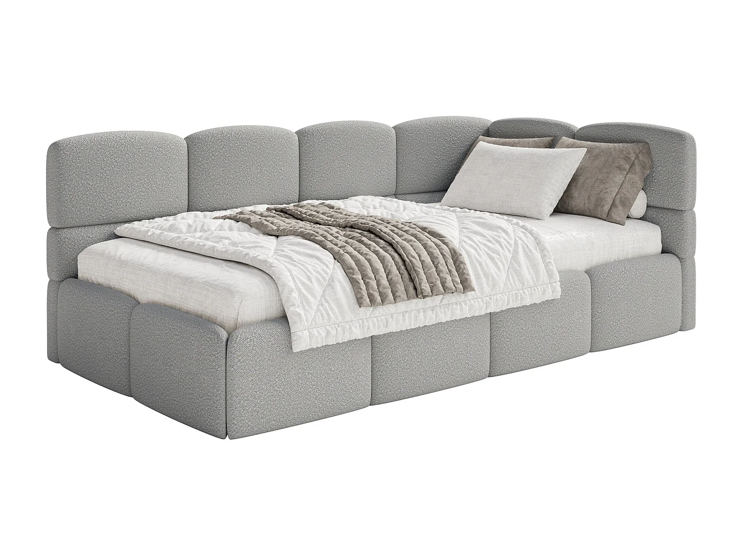 Lit simple 120x200 cm – tête de lit à droite– matelas & coffre de rangement – en bouclé gris – CLOUDY