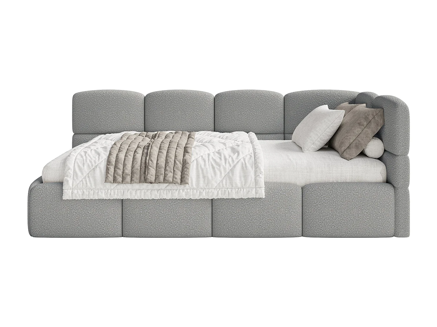 Lit simple 120x200 cm – tête de lit à droite– matelas & coffre de rangement – en bouclé gris – CLOUDY