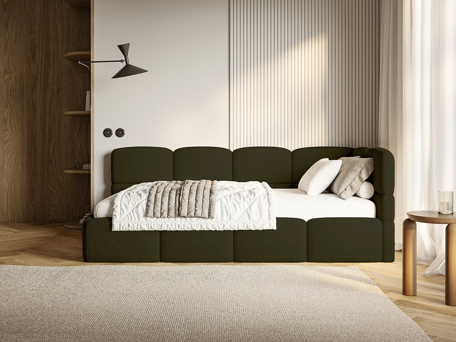 Einzelbett 120x200 Kopfteil rechts – Matratze & Stauraum – Bouclé Olivgrün – CLOUDY
