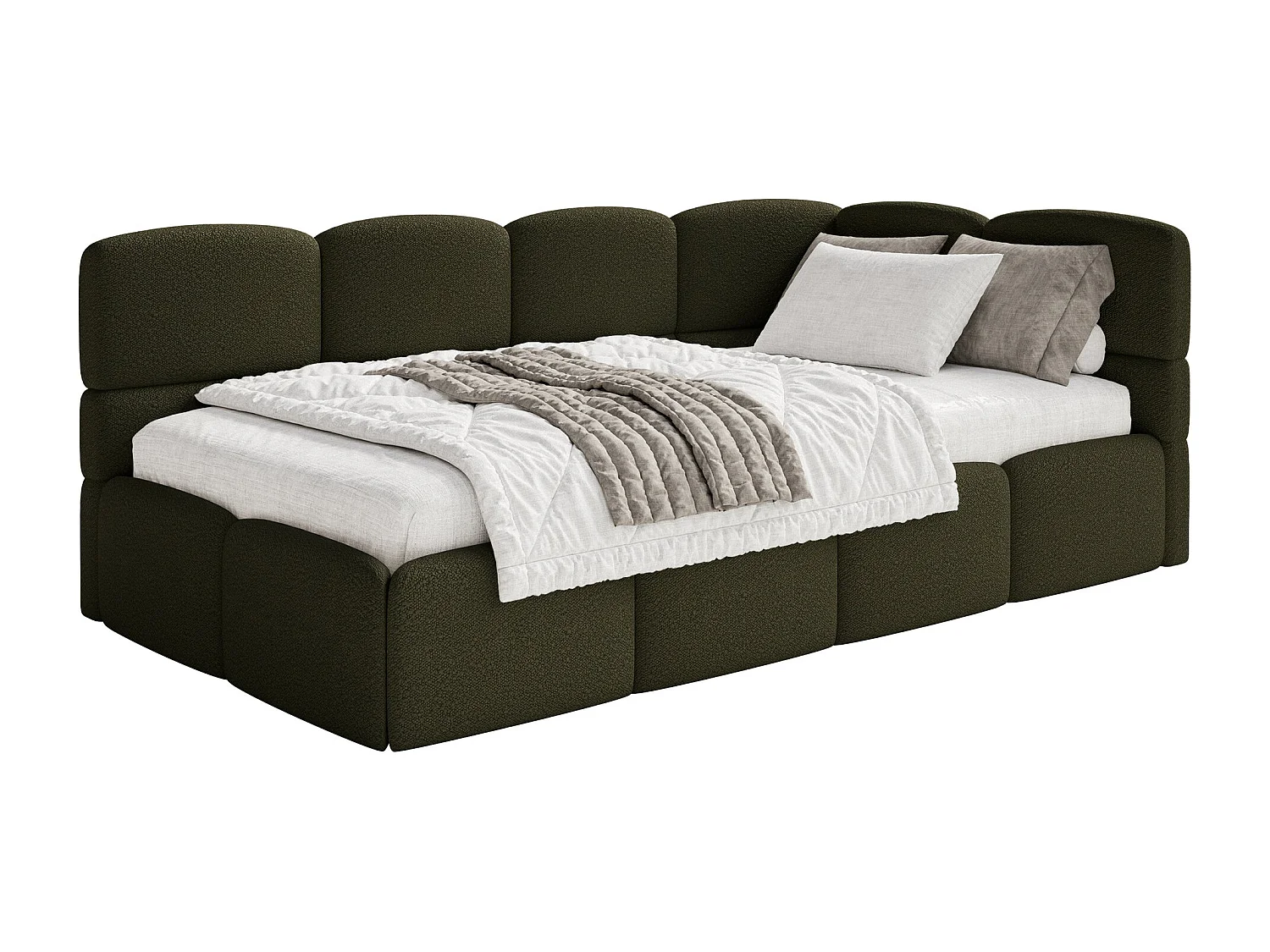 Einzelbett 120x200 Kopfteil rechts – Matratze & Stauraum – Bouclé Olivgrün – CLOUDY