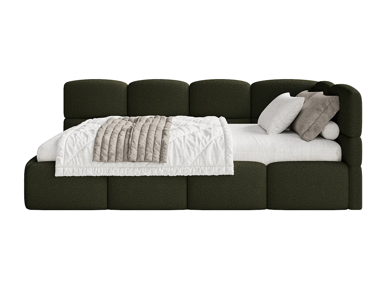 Einzelbett 120x200 Kopfteil rechts – Matratze & Stauraum – Bouclé Olivgrün – CLOUDY