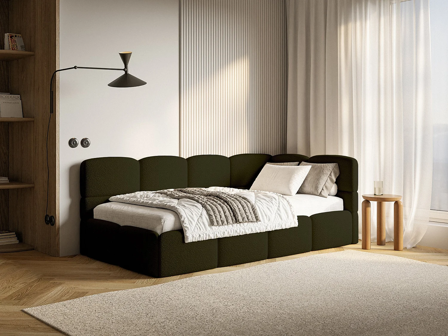 Eenpersoonsbed 120x200 – bouclé – olijfgroen – rechts – CLOUDY
