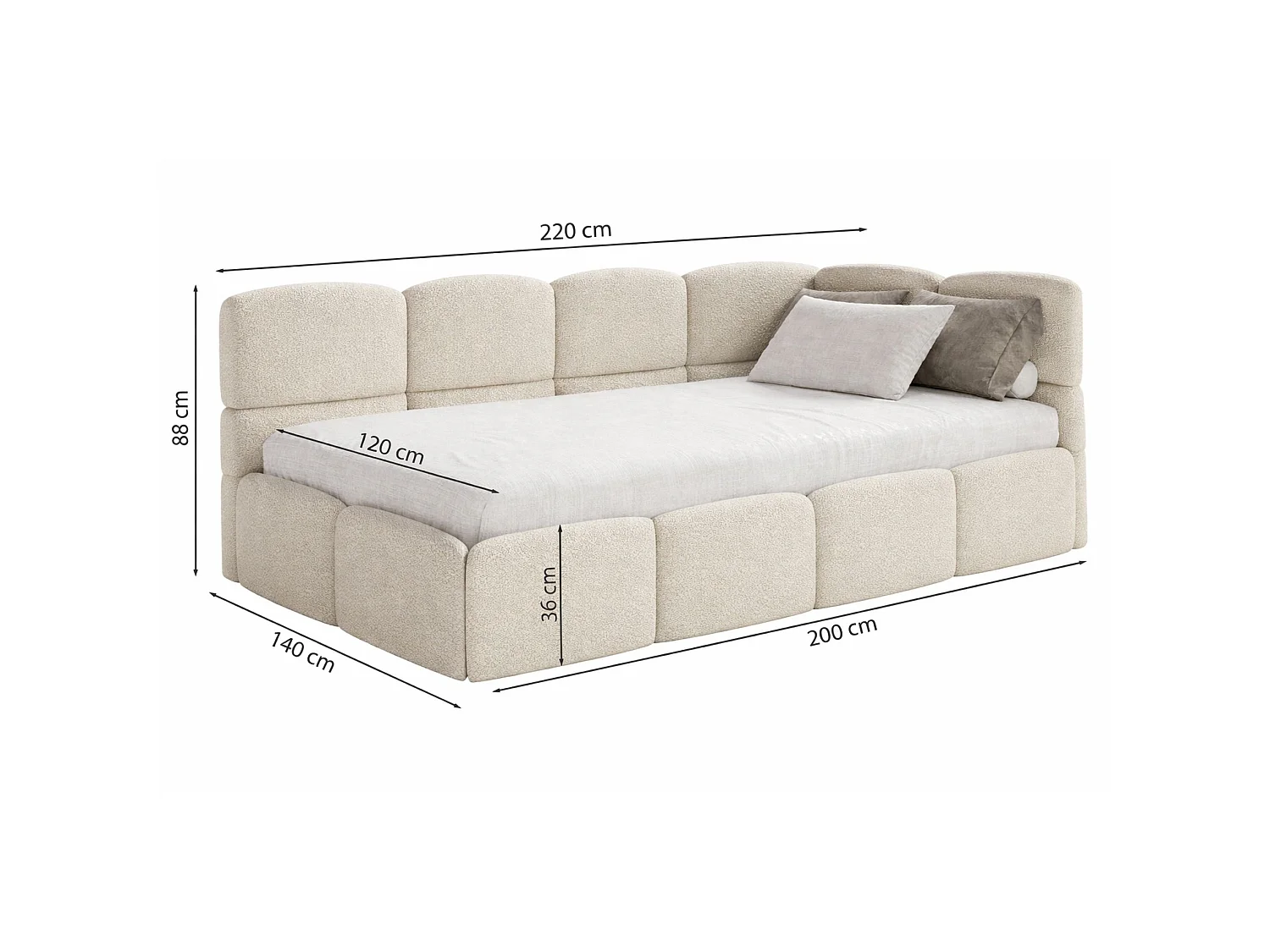 Lit simple 120x200 cm – tête de lit à droite– matelas & coffre de rangement – en bouclé vert olive – CLOUDY