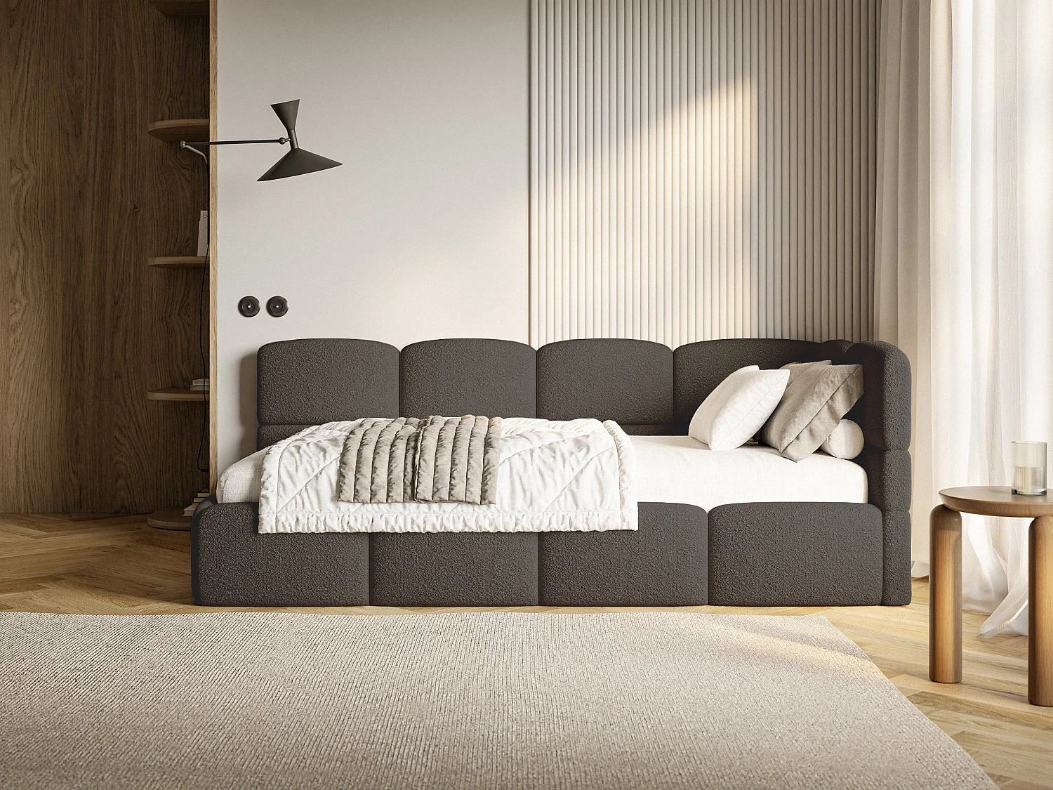 Einzelbett 120x200 Kopfteil rechts – Matratze & Stauraum – Bouclé Braun – CLOUDY