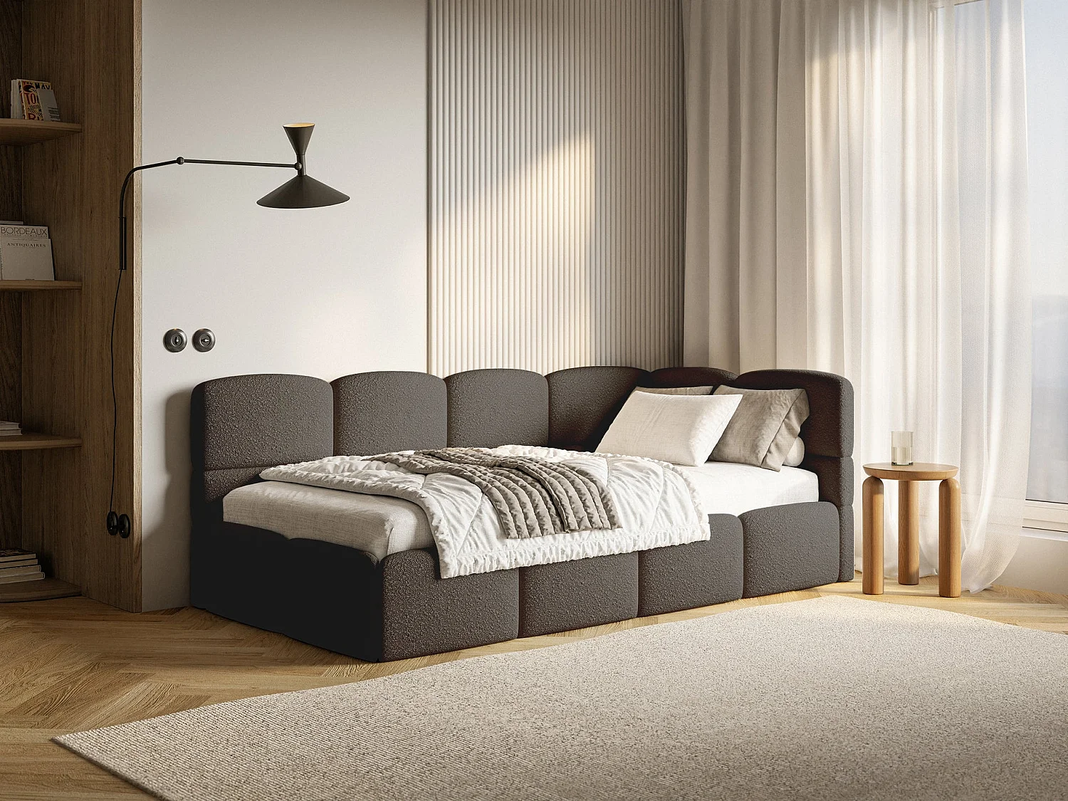 Einzelbett 120x200 Kopfteil rechts – Matratze & Stauraum – Bouclé Braun – CLOUDY