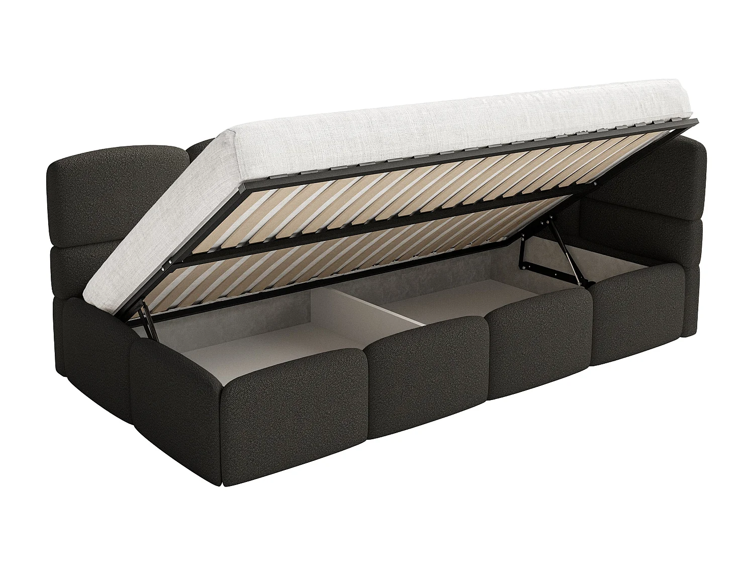 Einzelbett 120x200 Kopfteil rechts – Matratze & Stauraum – Bouclé Braun – CLOUDY