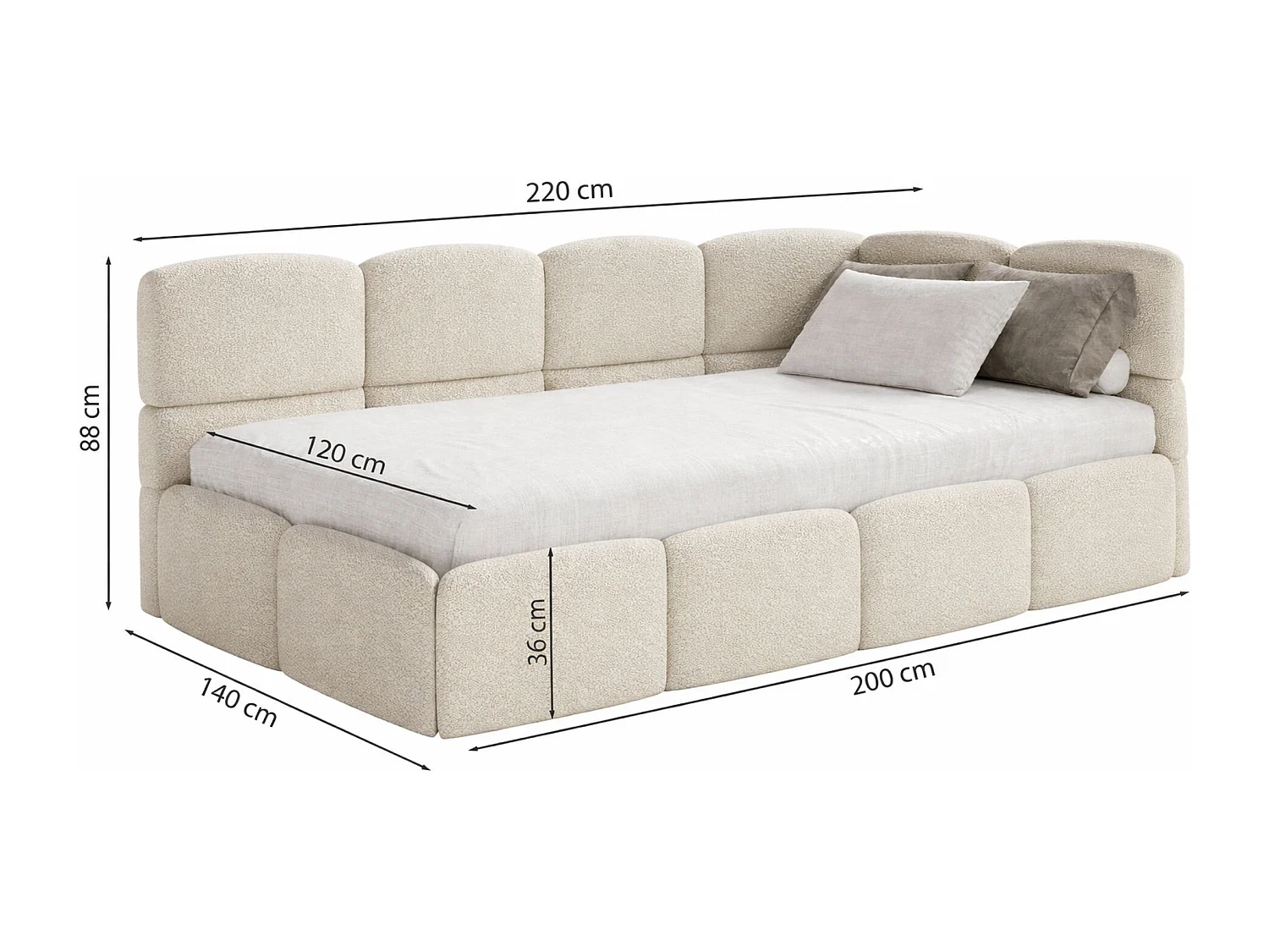 Einzelbett 120x200 Kopfteil rechts – Matratze & Stauraum – Bouclé Braun – CLOUDY
