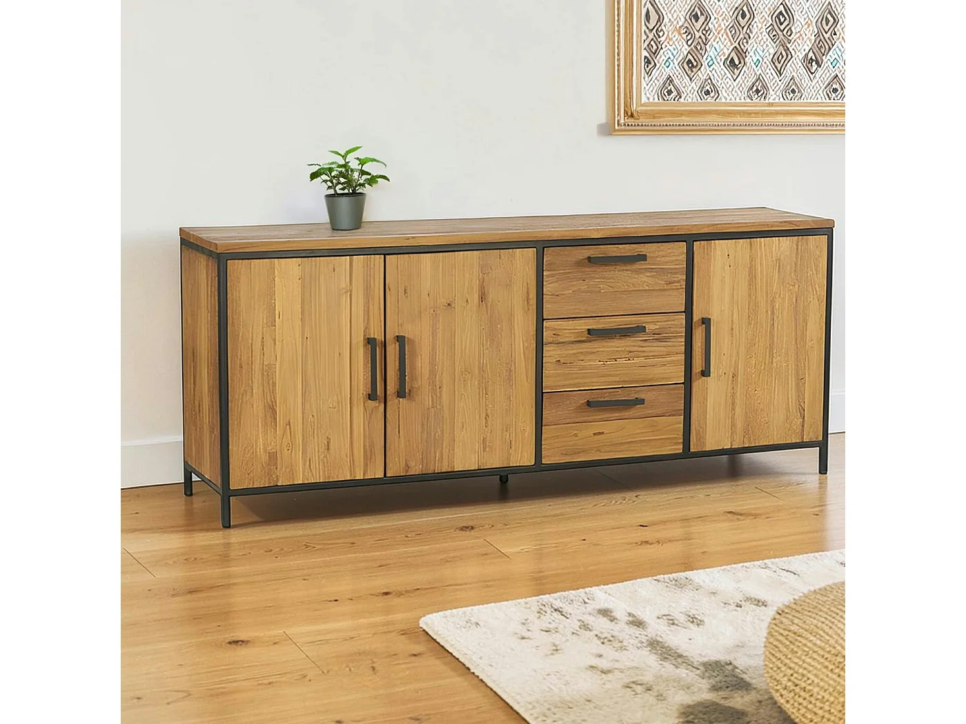 Buffet 3 portes teck poignées métal PUNE