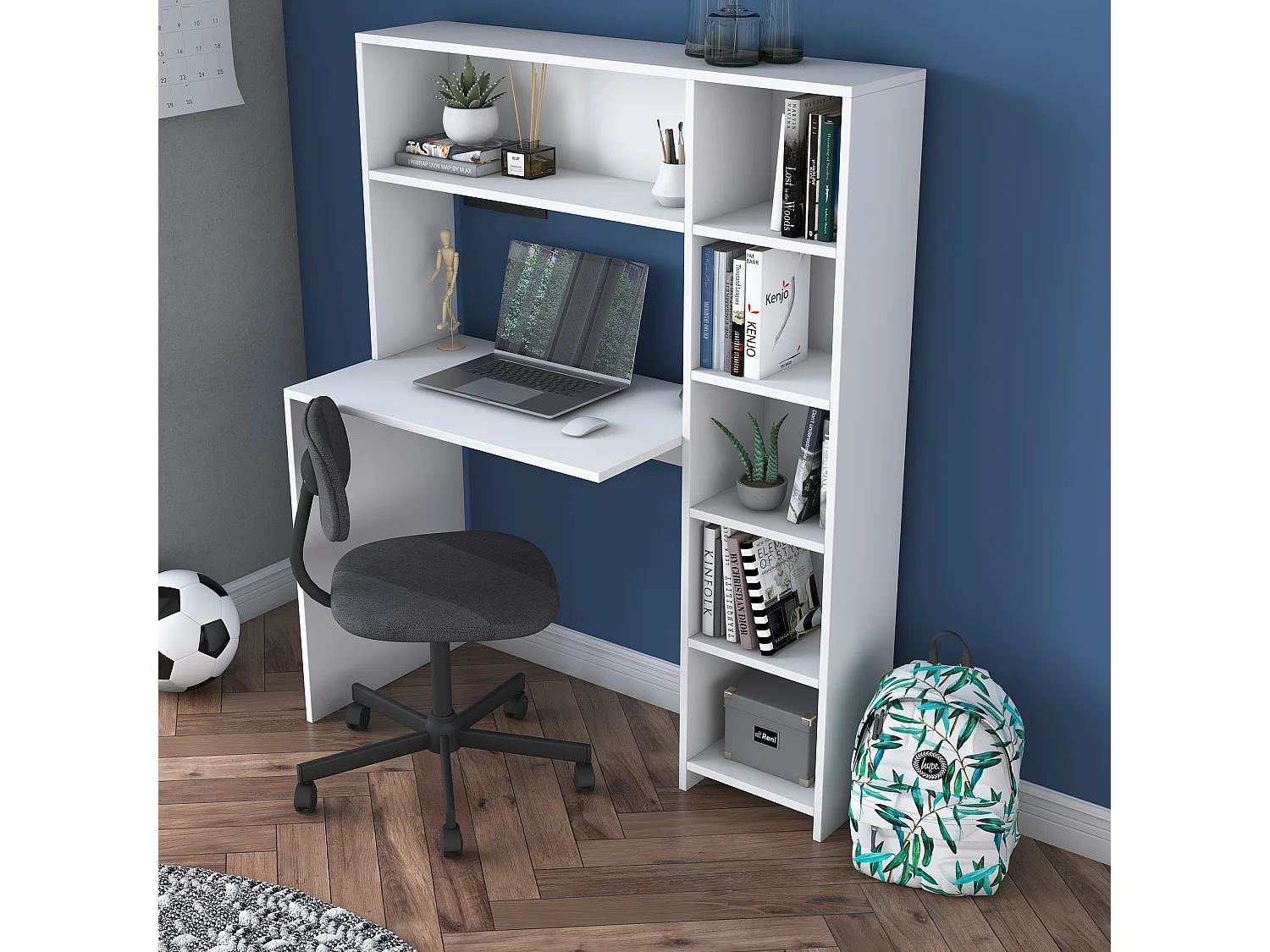 Modern vitt träskrivbord "Haham" med hyllor - 113 x 40 x 142 cm
