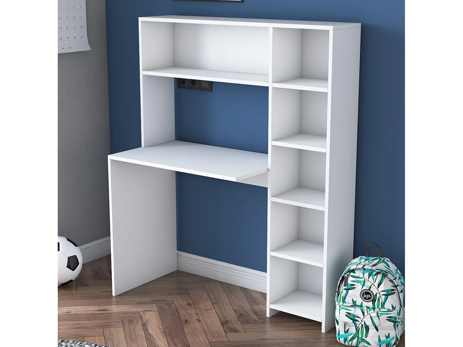 Modern vitt träskrivbord "Haham" med hyllor - 113 x 40 x 142 cm