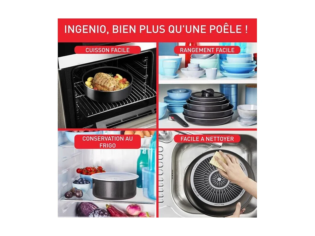 Poêles Tefal Ingenio Easy Plus 24/28 cm antiadhésives, poignée amovible, non induction, fabriquées en France