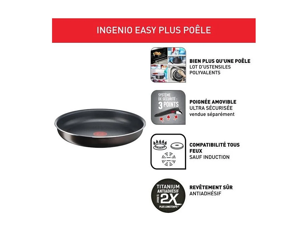 Tefal Ingenio Easy Plus Pfanne 28 cm Antihaft, Nicht Induktion, Stapelbar, Hergestellt in Frankreich