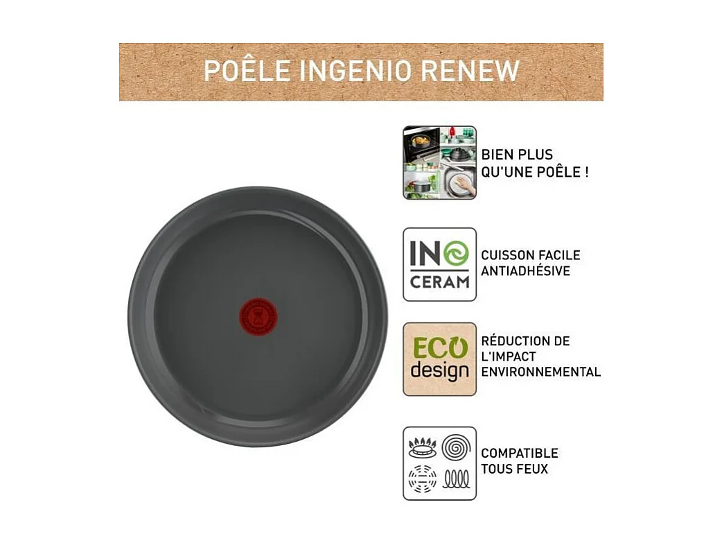 TEFAL INGENIO Renew Poele 28 cm, Induction, Revetement céramique antiadhésif, Compatible lave-vaisselle, Fabriqué en France L