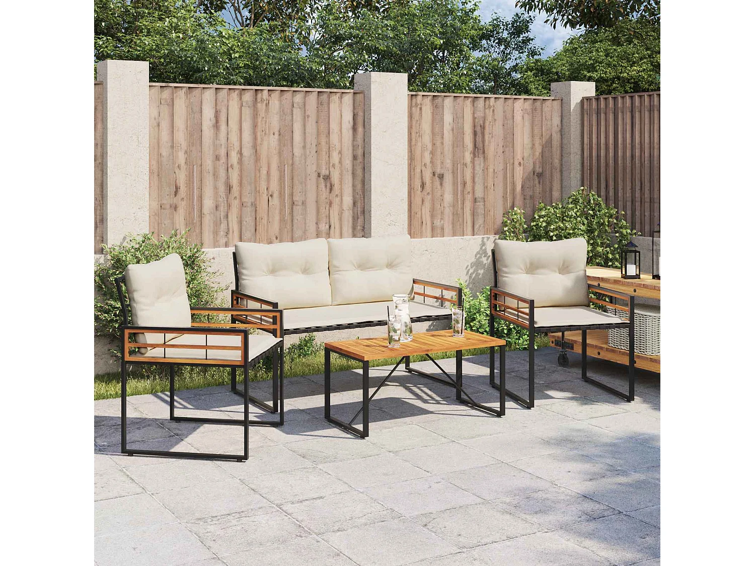Ensemble de meubles d'extérieur avec coussin 4 pièces Crème