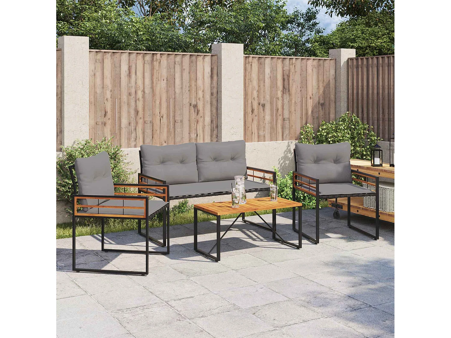 Juego de muebles de exterior con cojín 4 pcs Gris Claro