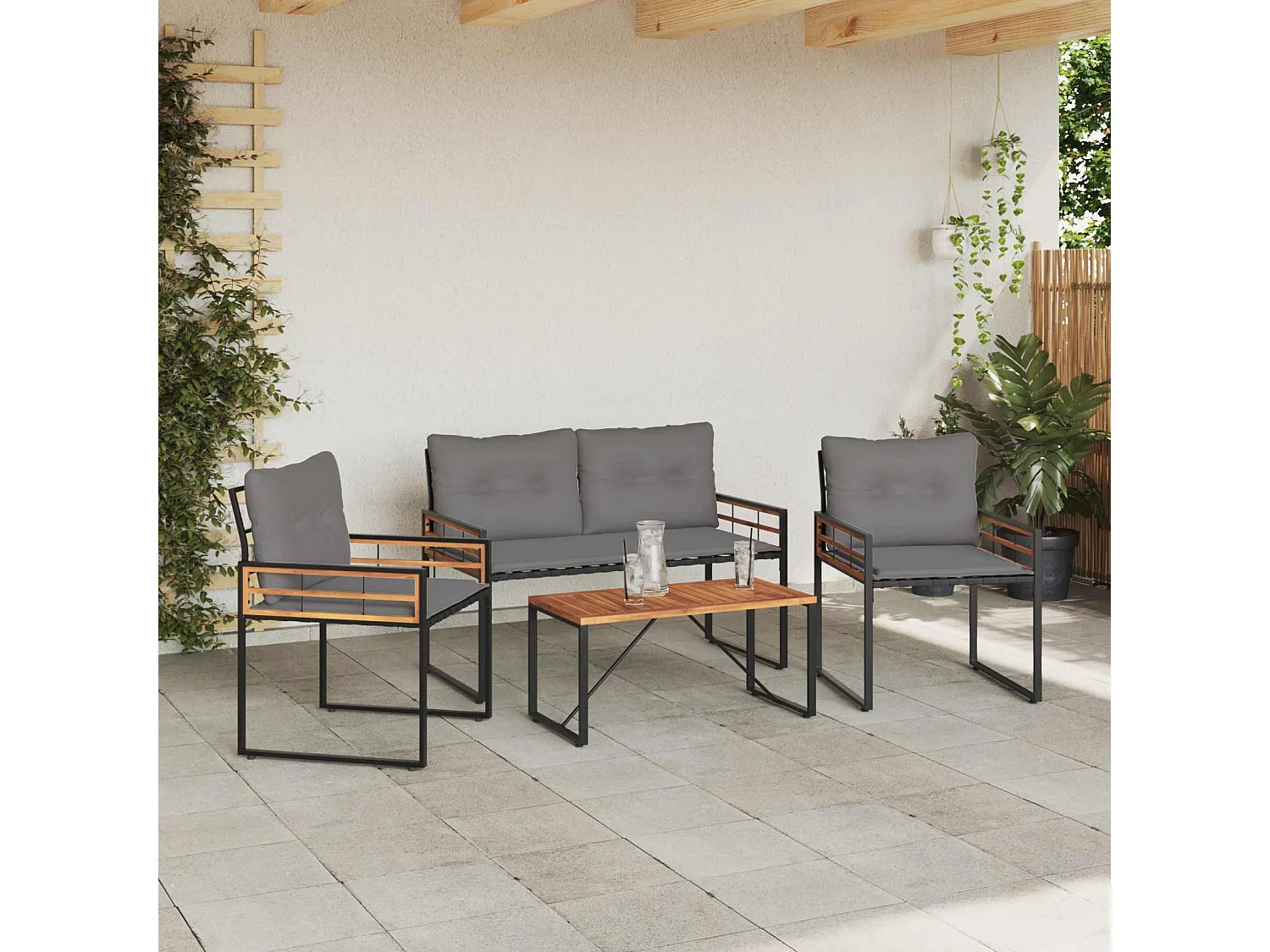 Juego de muebles de exterior con cojín 4 pcs Gris Claro