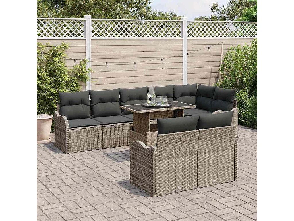 Conjunto de sofá de jardín con cojín 9 pcs Gris Poliratán