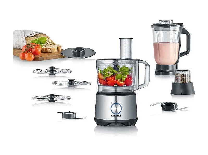 Multifunktions-Küchenmaschine SEVERIN KM3892 1200W Edelstahl/Schwarz mit 1,5L Mixer, 3 2-in-1 Scheiben, Gewürzmühle und Knethaken