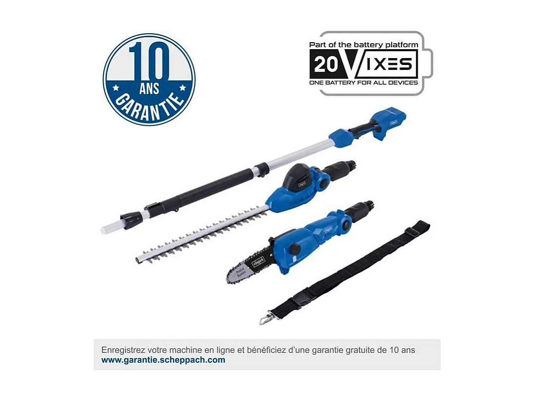 2-in-1 Gereedschap SCHEPPACH C-PHTS410-X Snoeizaag 180 mm + Heggenschaar 410 mm draadloos 20V IXES – Telescopische steel, draaibare kop