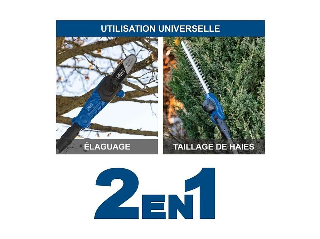 2-in-1 Gereedschap SCHEPPACH C-PHTS410-X Snoeizaag 180 mm + Heggenschaar 410 mm draadloos 20V IXES – Telescopische steel, draaibare kop