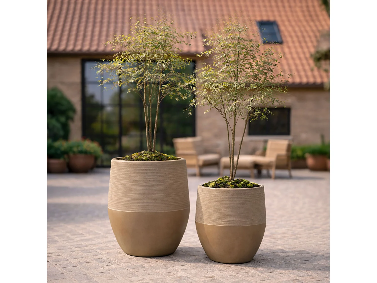 Now's Home - Set De 2 Pots Ronds Bas En Fibre D'argile Terre Cuite Ht35/49cm Comporta
