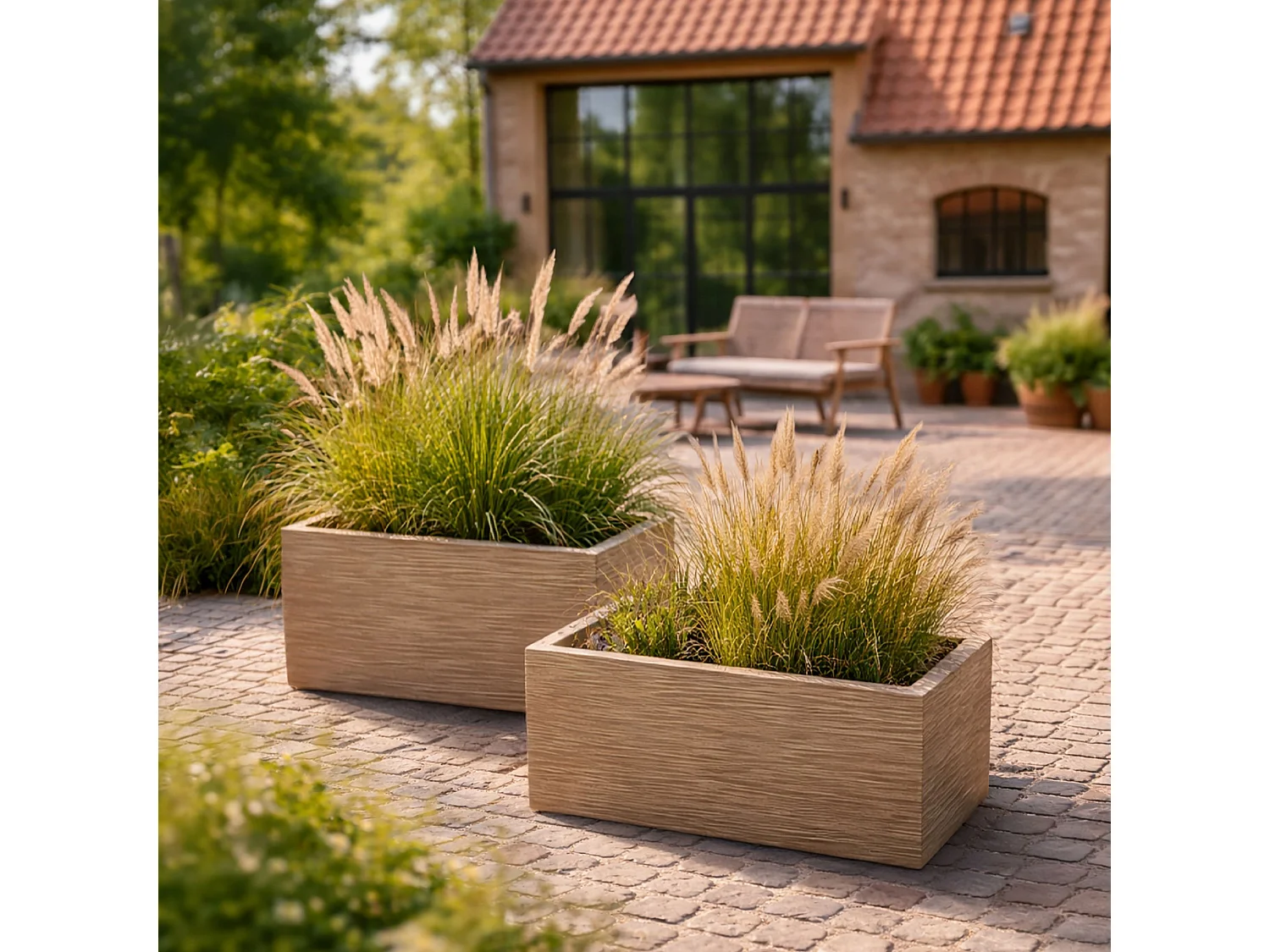 Now's Home - Set De 2 Pots Rectangles En Fibre D'argile Terre Cuite Ht37/47cm Comporta