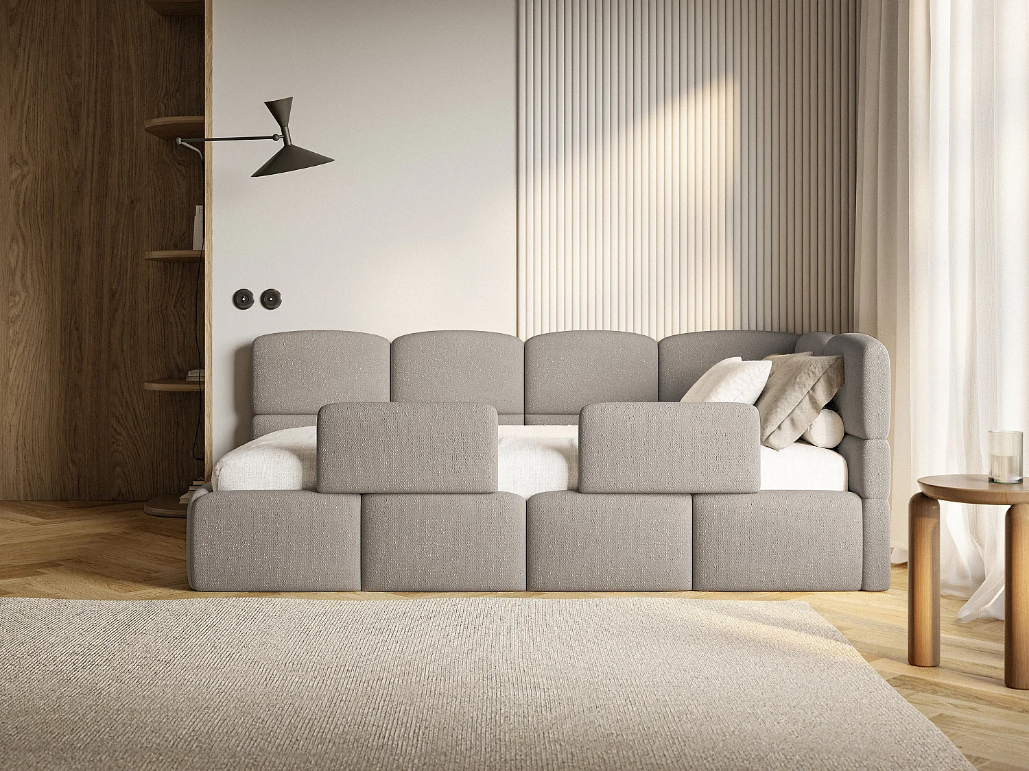 Lit enfant 120x200 cm – tête de lit à droite – matelas & coffre de rangement – chenille marron clair – CLOUDY