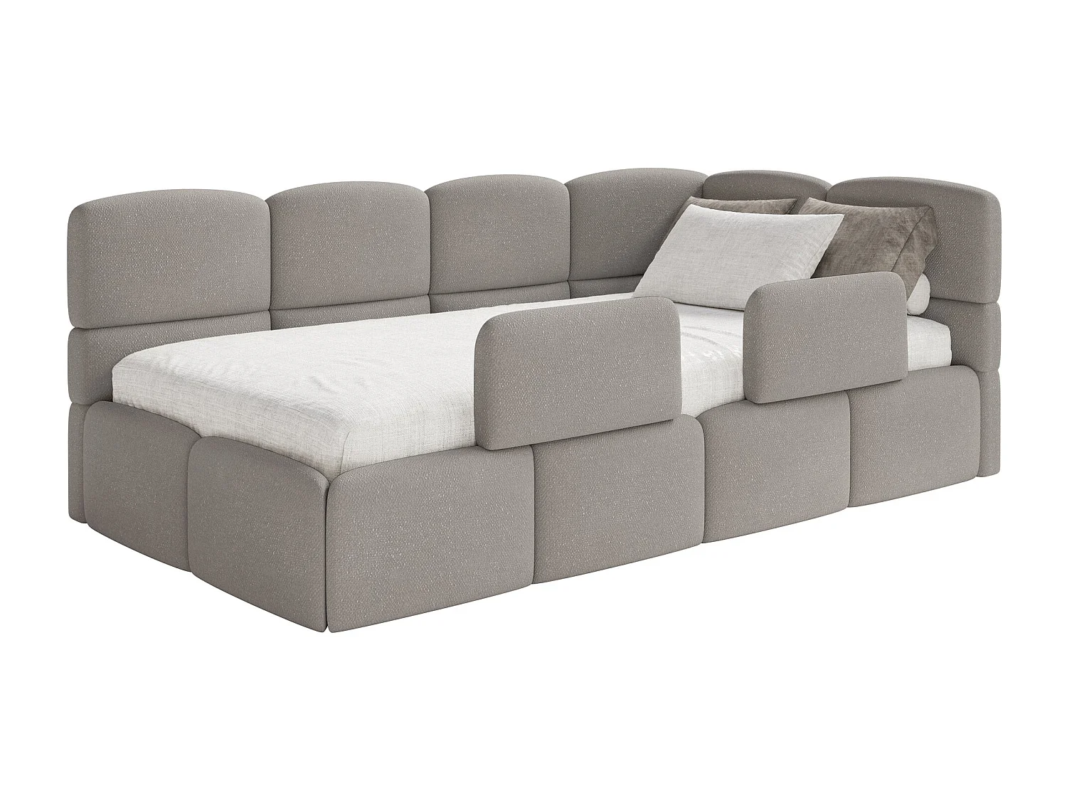 Lit enfant 120x200 cm – tête de lit à droite – matelas & coffre de rangement – chenille marron clair – CLOUDY