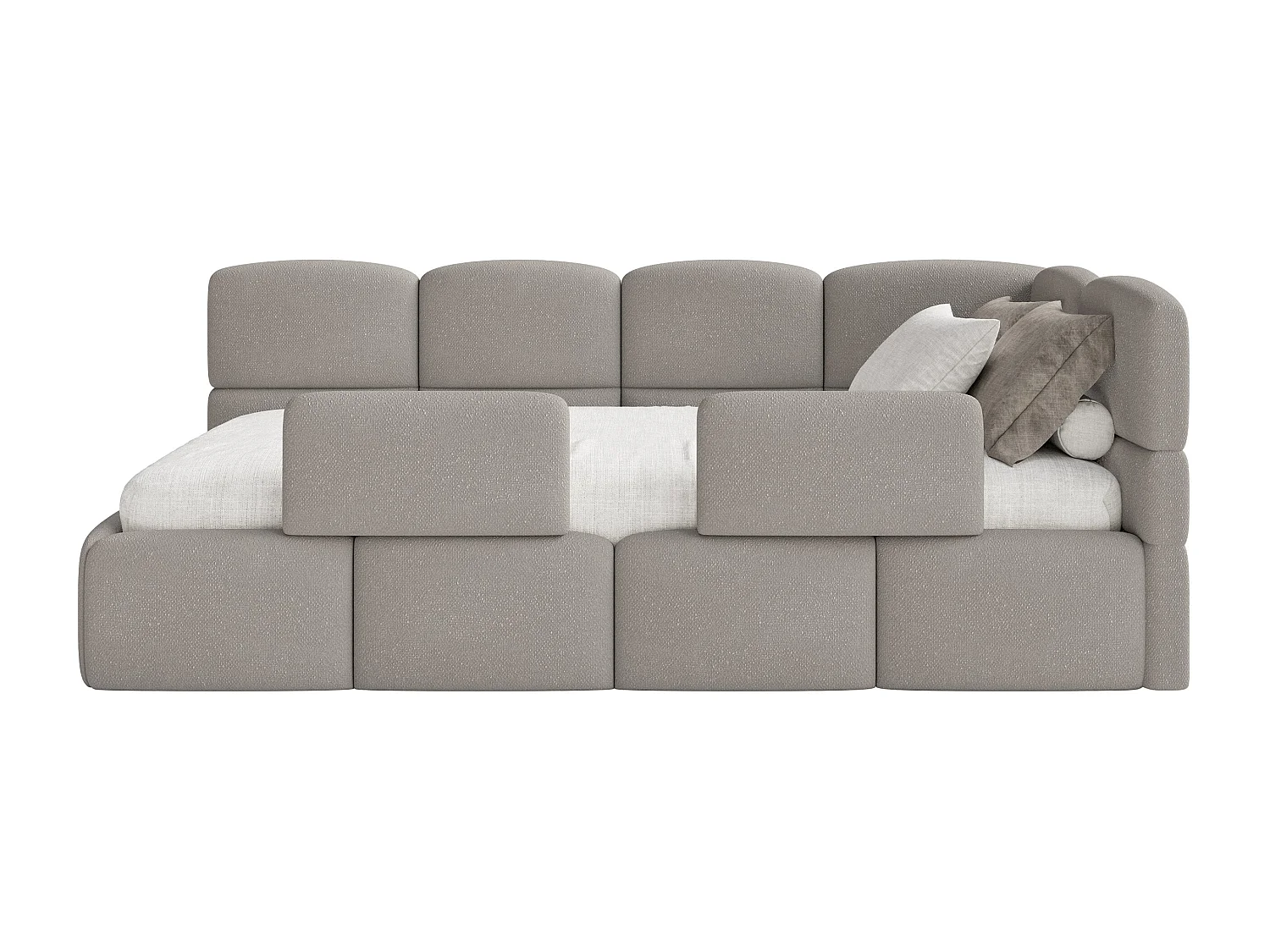 Lit enfant 120x200 cm – tête de lit à droite – matelas & coffre de rangement – chenille marron clair – CLOUDY