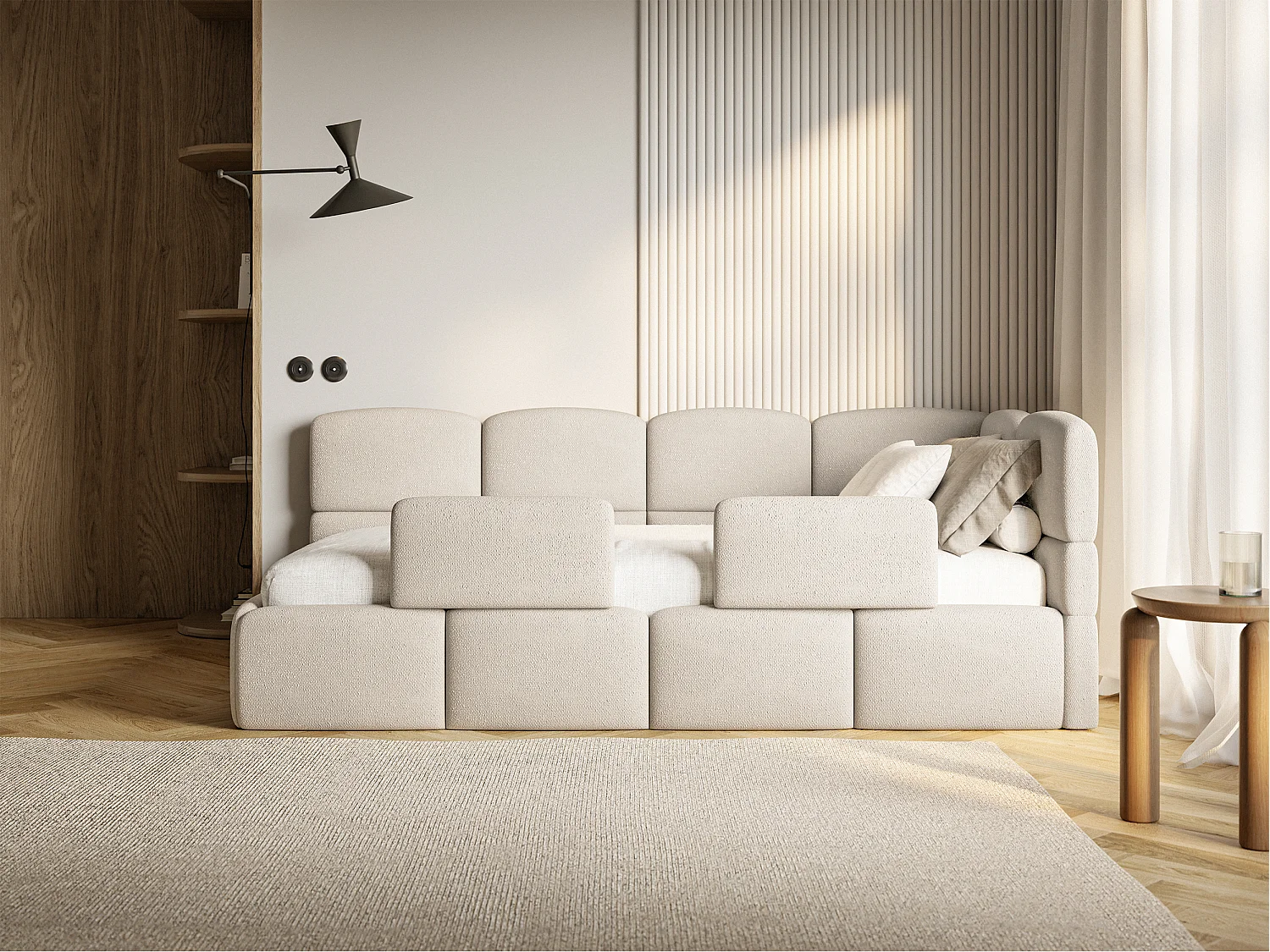 Lit enfant 120x200 cm – tête de lit à droite – matelas & coffre de rangement – chenille crème – CLOUDY