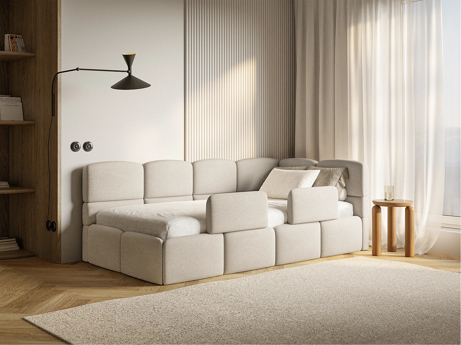 Lit enfant 120x200 cm – tête de lit à droite – matelas & coffre de rangement – chenille crème – CLOUDY