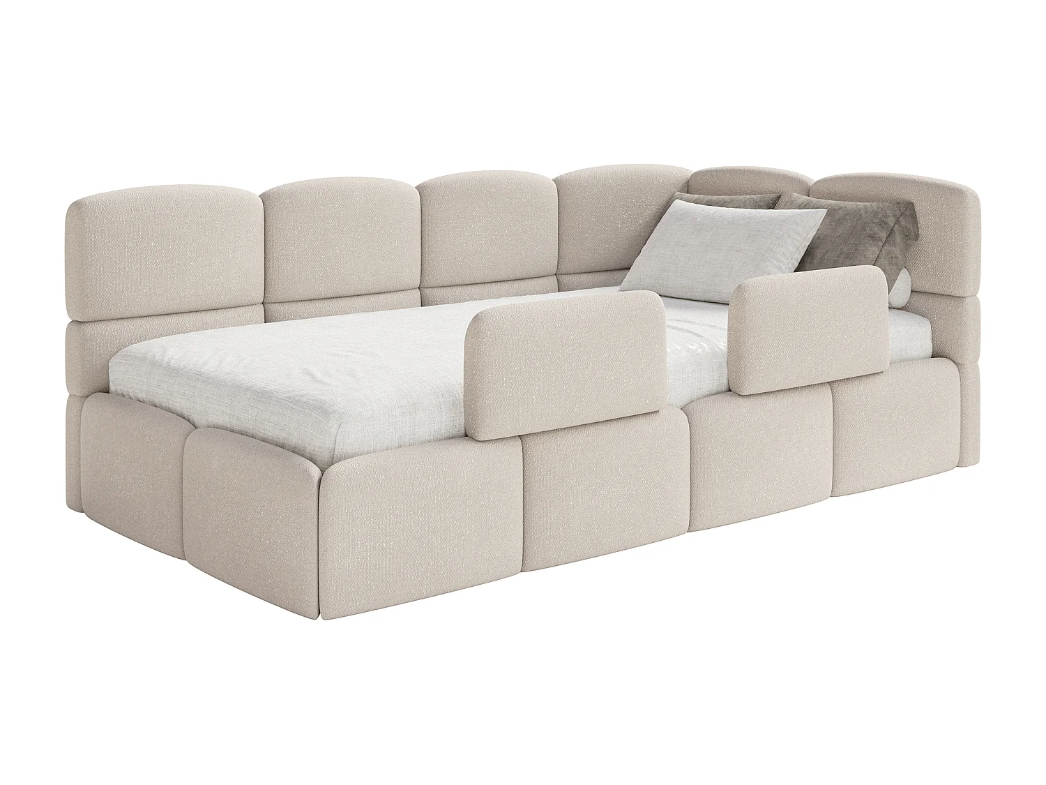 Lit enfant 120x200 cm – tête de lit à droite – matelas & coffre de rangement – chenille crème – CLOUDY