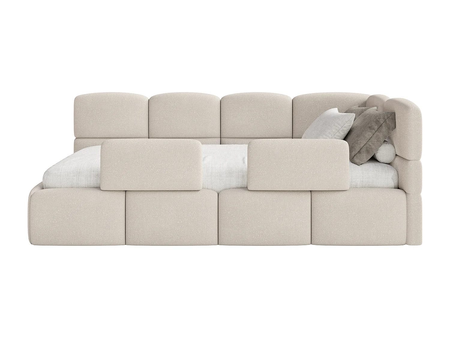 Lit enfant 120x200 cm – tête de lit à droite – matelas & coffre de rangement – chenille crème – CLOUDY