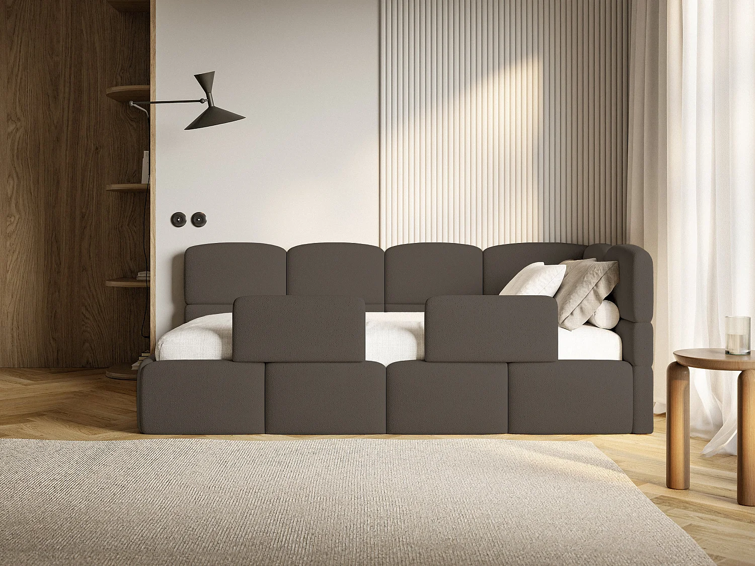 Lit enfant 120x200 cm – tête de lit à droite – matelas & coffre de rangement – chenille marron – CLOUDY