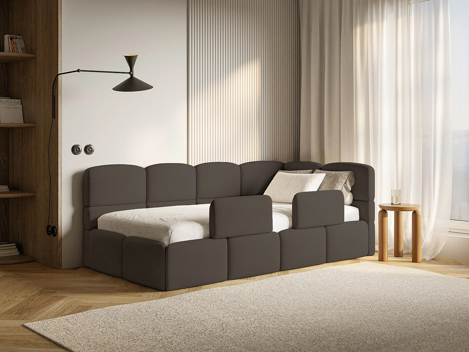 Lit enfant 120x200 cm – tête de lit à droite – matelas & coffre de rangement – chenille marron – CLOUDY