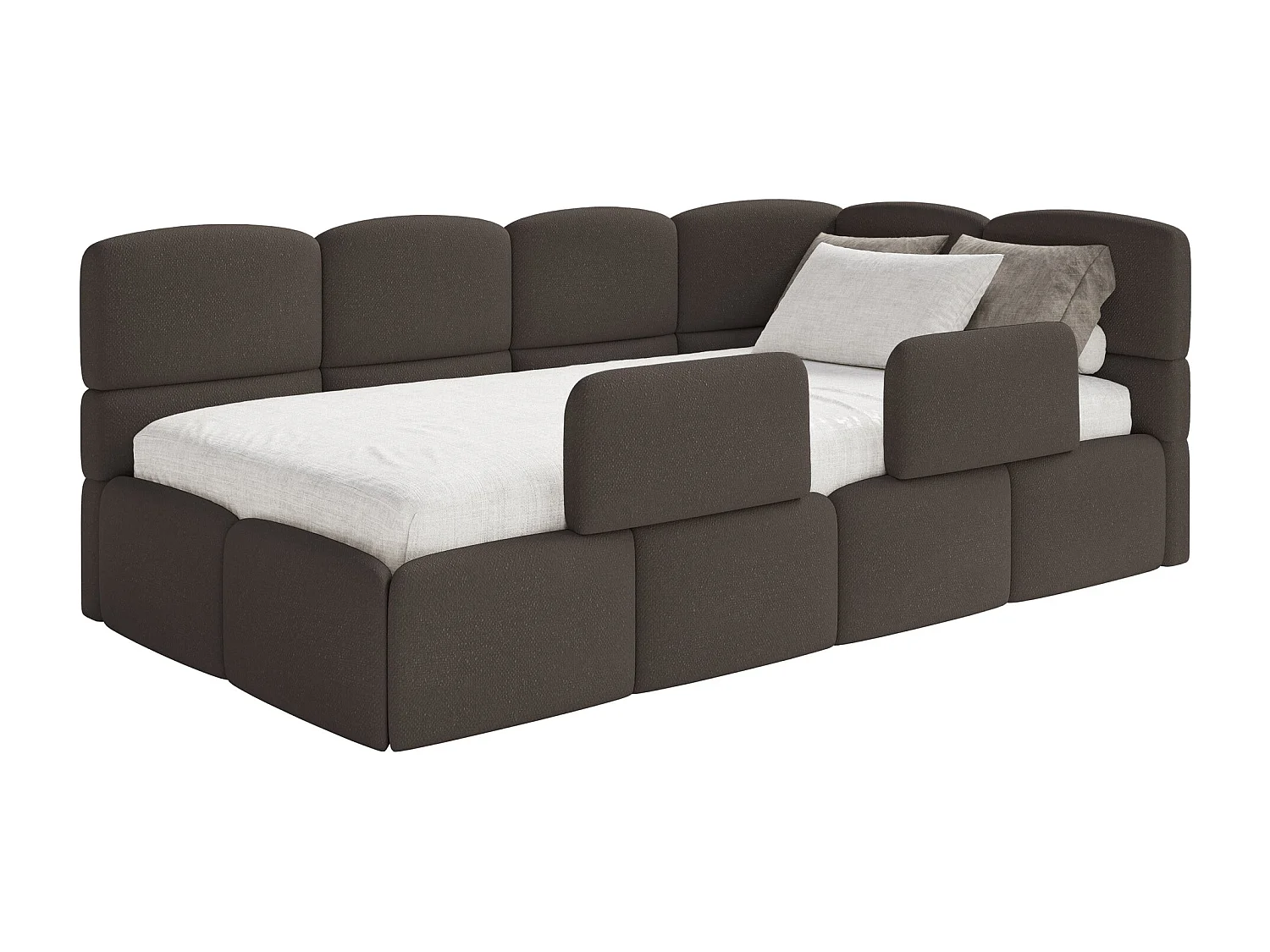 Lit enfant 120x200 cm – tête de lit à droite – matelas & coffre de rangement – chenille marron – CLOUDY