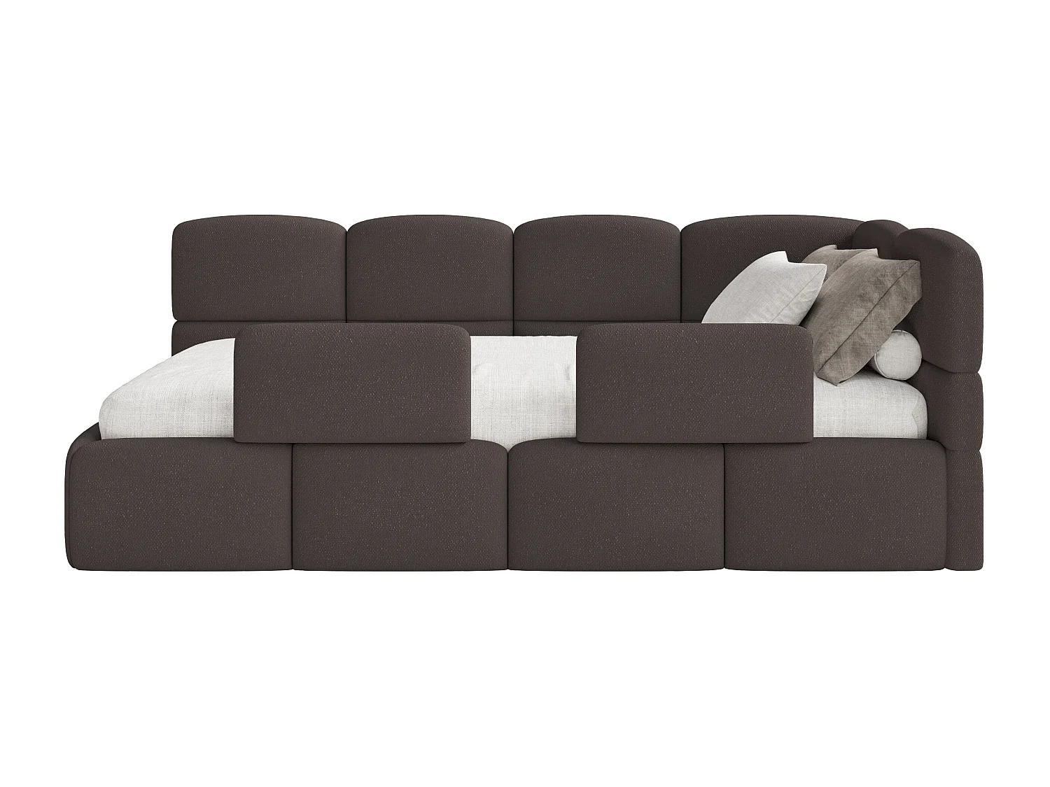 Lit enfant 120x200 cm – tête de lit à droite – matelas & coffre de rangement – chenille marron – CLOUDY